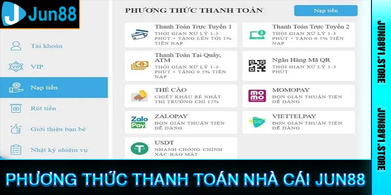 Phương thức thanh toán nạp tiền jun88